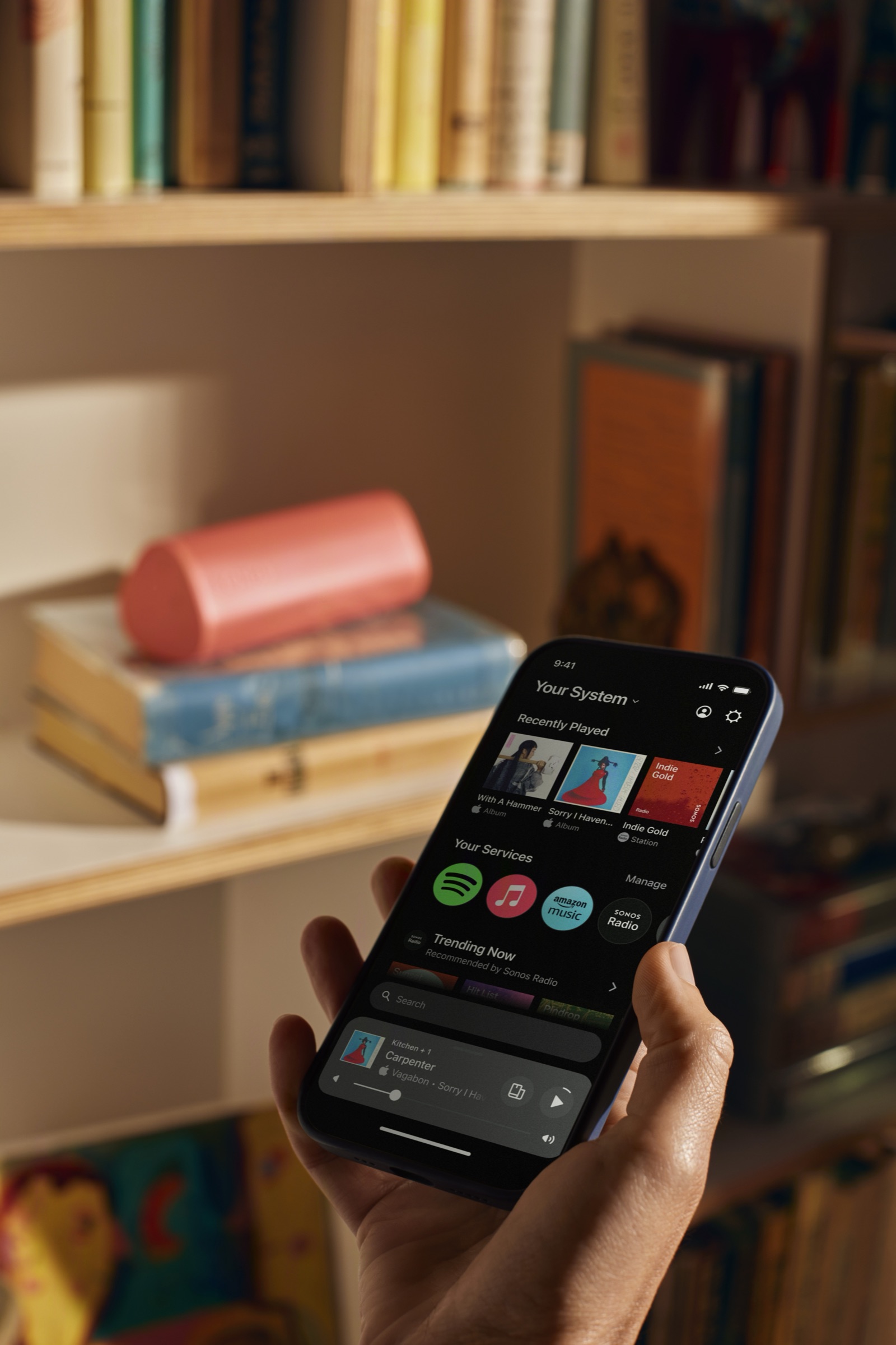 Mobile app controlling playback on a portable Sonos speaker