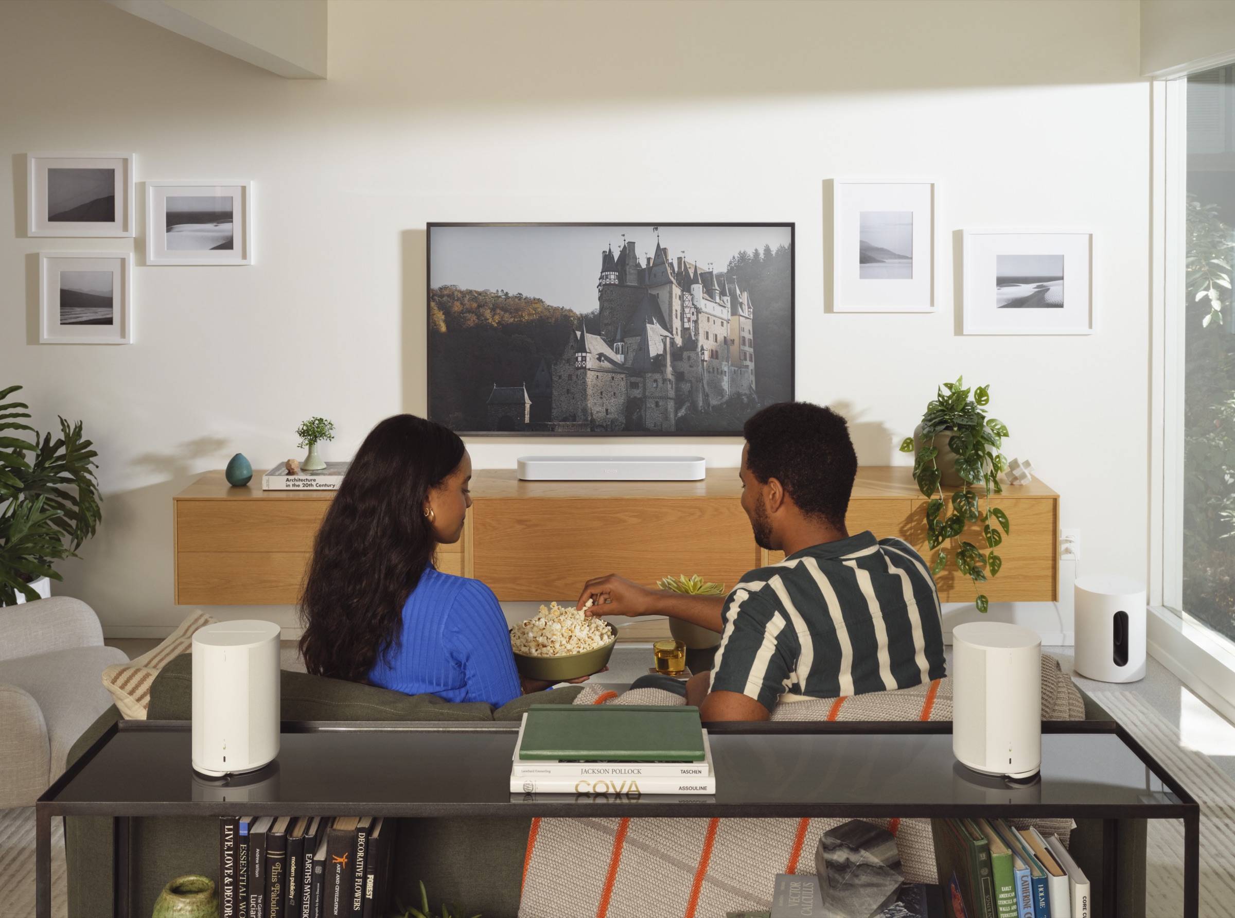 Compact home theatre setup with Sonos speakers
